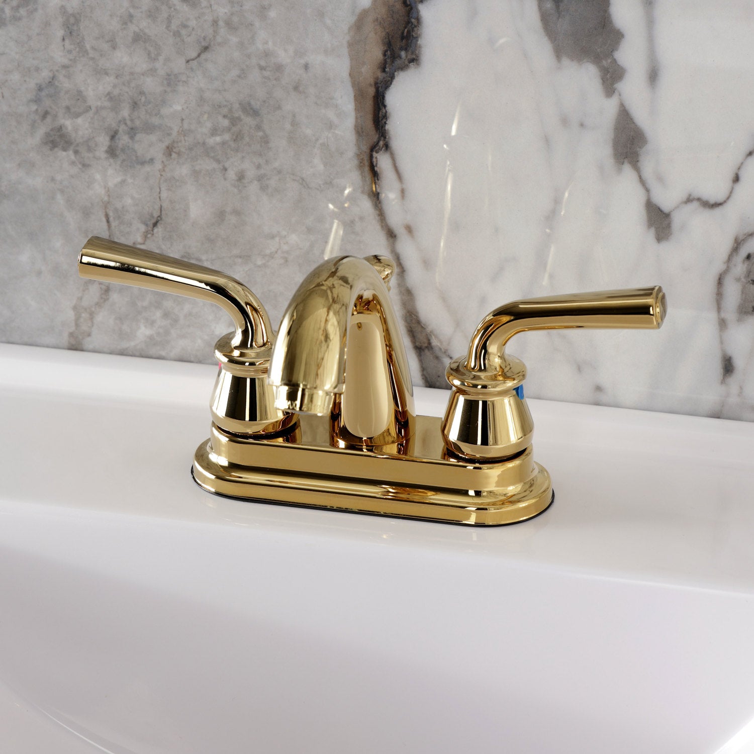 Kingston Tulare KB5612RXL - Restoration Double-Handle 3-Hole Deck Mount 4-Inch Centerset Bathroom Faucet with Pop-Up Drain, Polished Brass — thumbnail 2